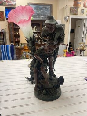 Vintage Father & Son Fishing Figural Bronze Table Lamp